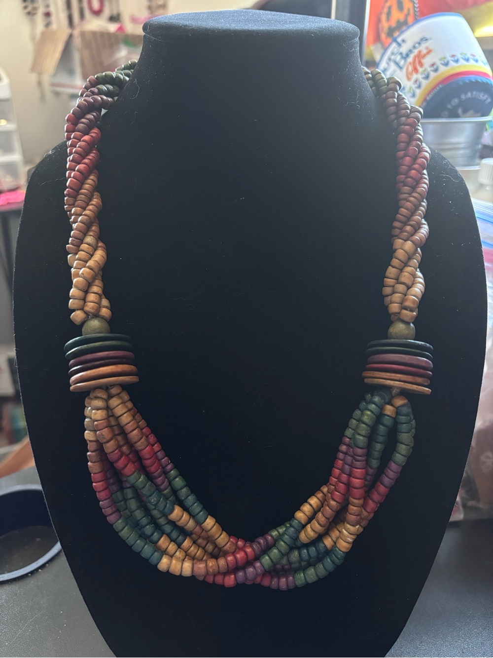 Hand Crafted Multicolor Twisted Bead Necklace in Green, Red, Tan, Brown